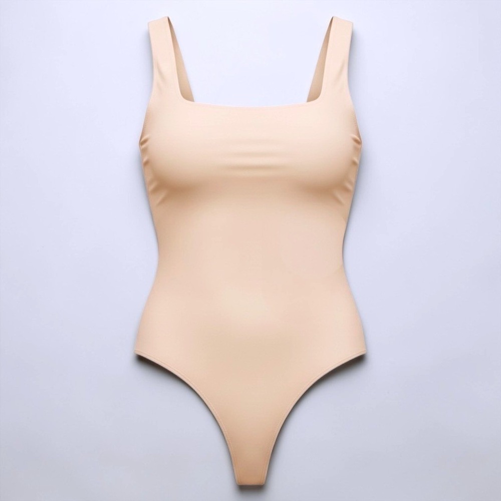 Parade Womens Square Neck Thong Bodysuit Beige Nude Sleeveless Size L